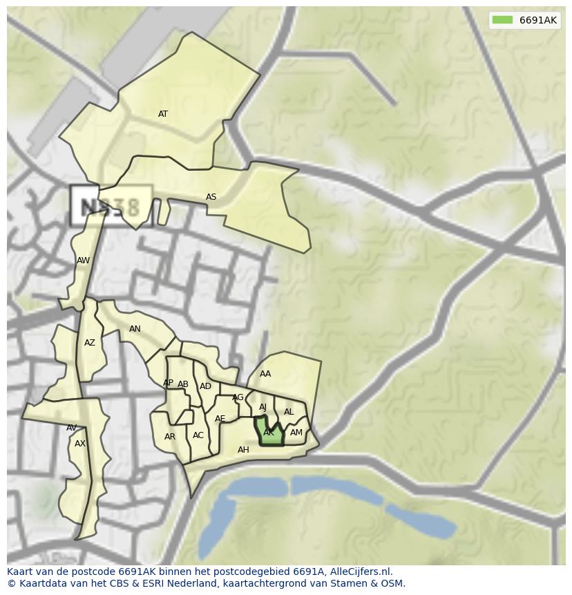 Afbeelding van het postcodegebied 6691 AK op de kaart.