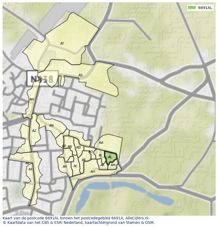 Afbeelding van het postcodegebied 6691 AL op de kaart.