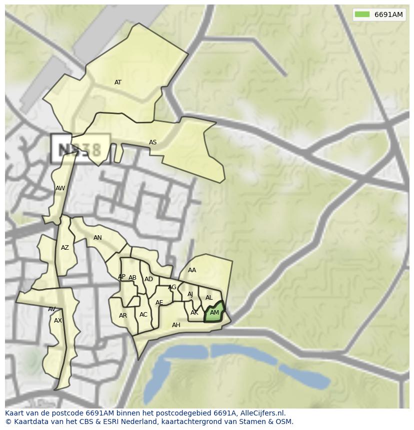 Afbeelding van het postcodegebied 6691 AM op de kaart.