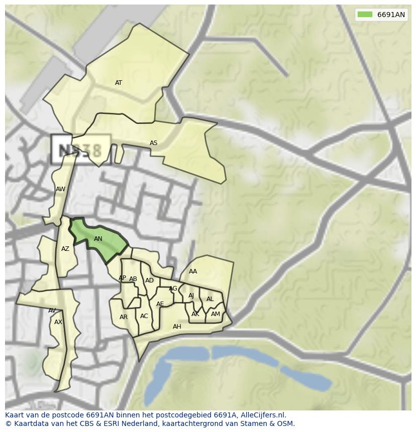 Afbeelding van het postcodegebied 6691 AN op de kaart.
