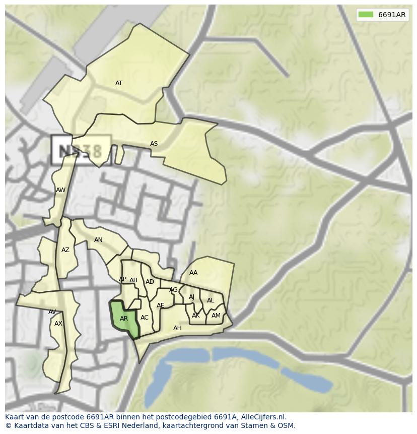 Afbeelding van het postcodegebied 6691 AR op de kaart.