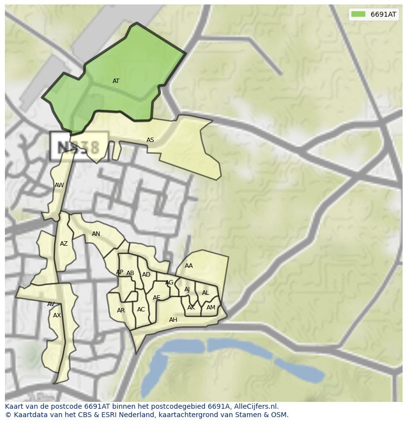 Afbeelding van het postcodegebied 6691 AT op de kaart.