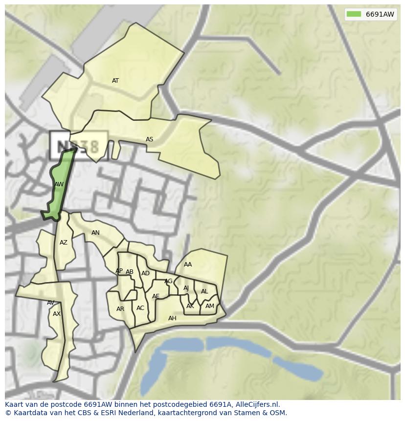 Afbeelding van het postcodegebied 6691 AW op de kaart.