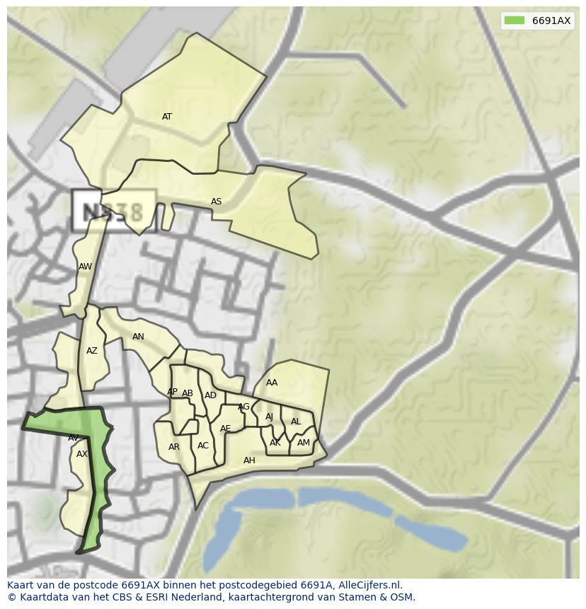 Afbeelding van het postcodegebied 6691 AX op de kaart.