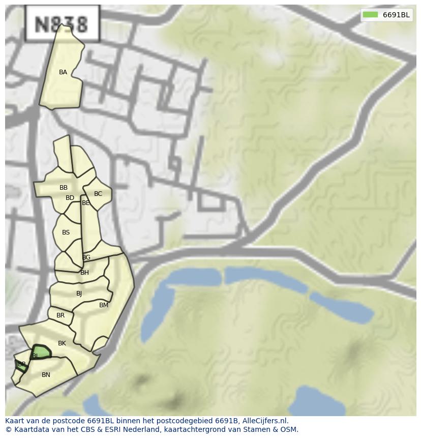 Afbeelding van het postcodegebied 6691 BL op de kaart.