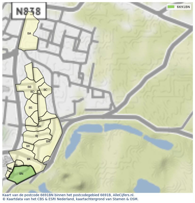 Afbeelding van het postcodegebied 6691 BN op de kaart.