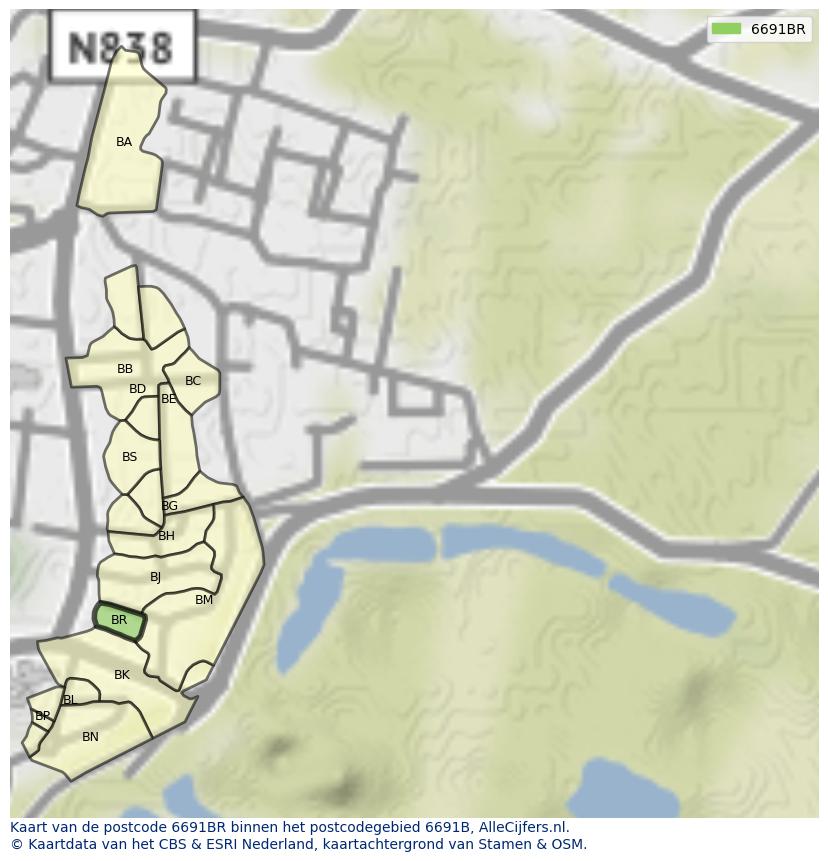 Afbeelding van het postcodegebied 6691 BR op de kaart.