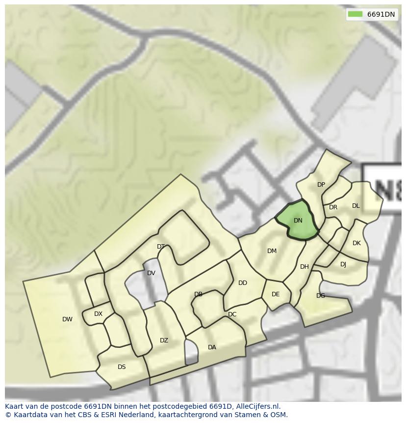 Afbeelding van het postcodegebied 6691 DN op de kaart.