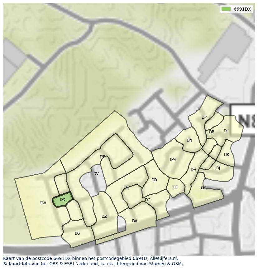 Afbeelding van het postcodegebied 6691 DX op de kaart.