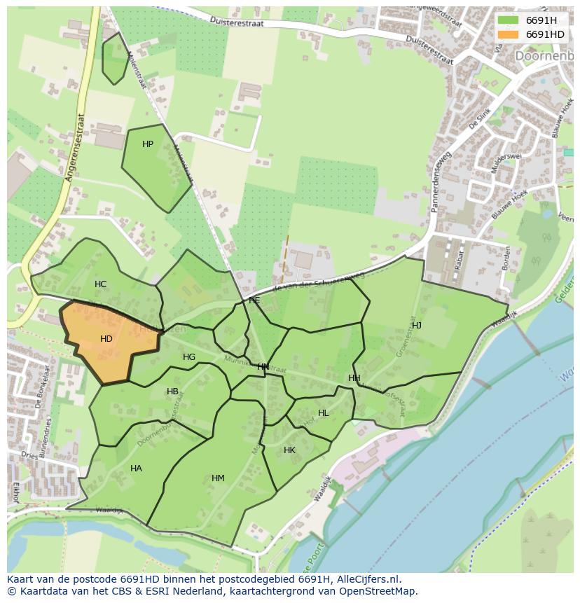 Afbeelding van het postcodegebied 6691 HD op de kaart.