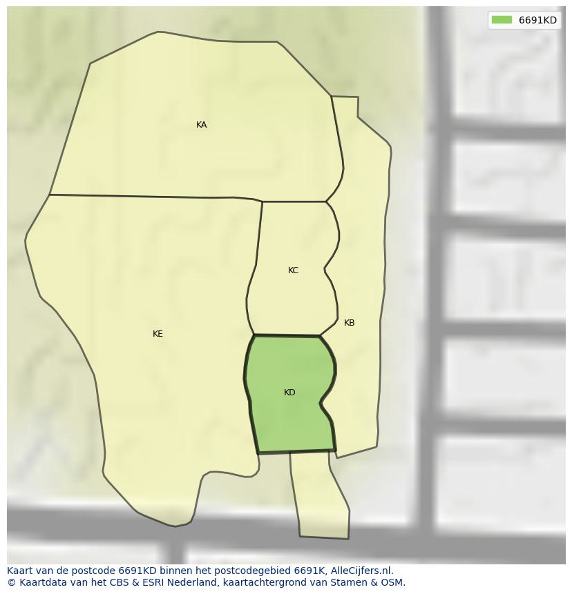 Afbeelding van het postcodegebied 6691 KD op de kaart.