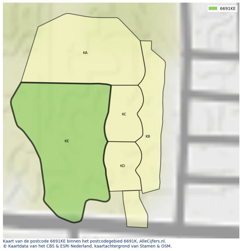 Afbeelding van het postcodegebied 6691 KE op de kaart.
