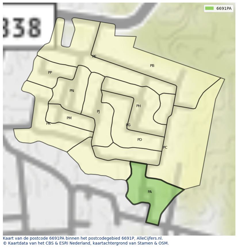 Afbeelding van het postcodegebied 6691 PA op de kaart.