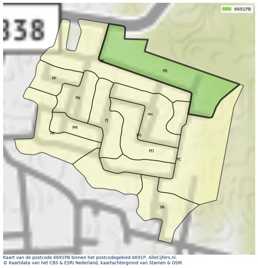 Afbeelding van het postcodegebied 6691 PB op de kaart.