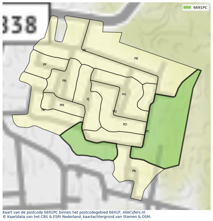 Afbeelding van het postcodegebied 6691 PC op de kaart.