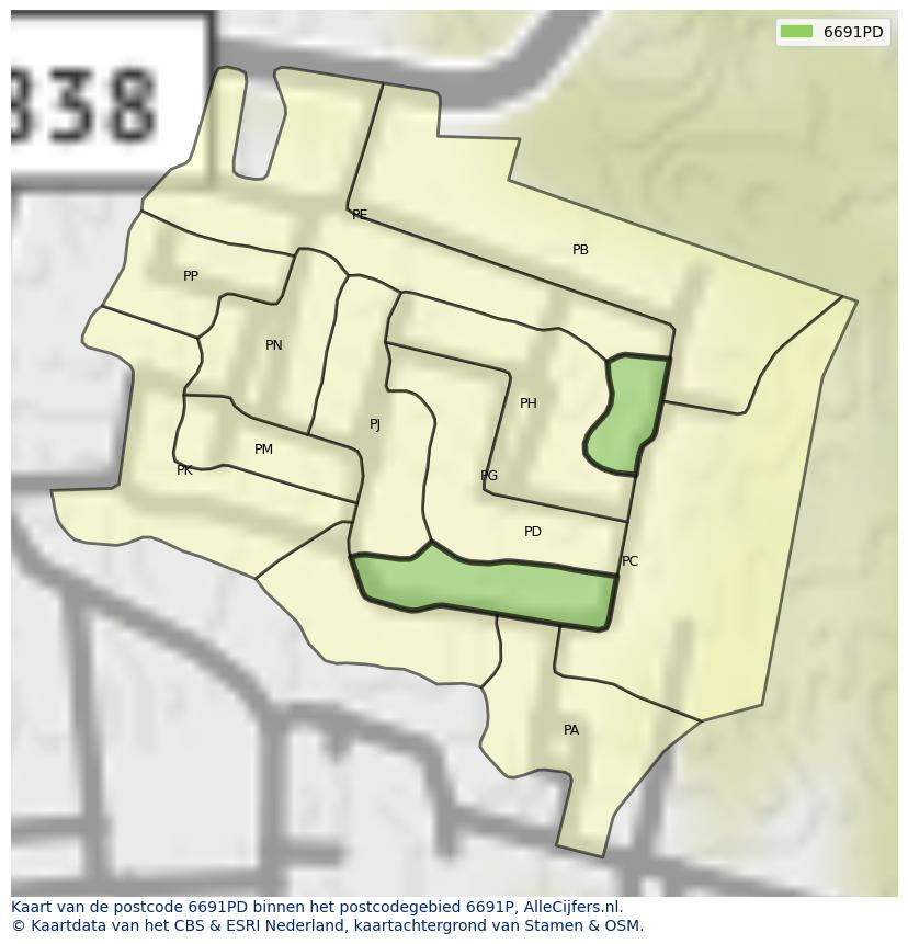 Afbeelding van het postcodegebied 6691 PD op de kaart.