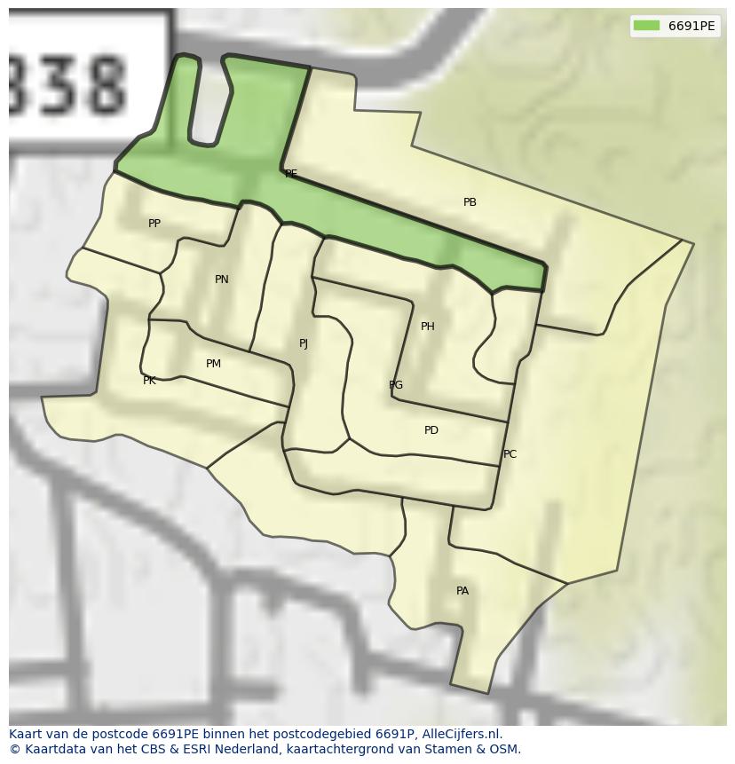 Afbeelding van het postcodegebied 6691 PE op de kaart.