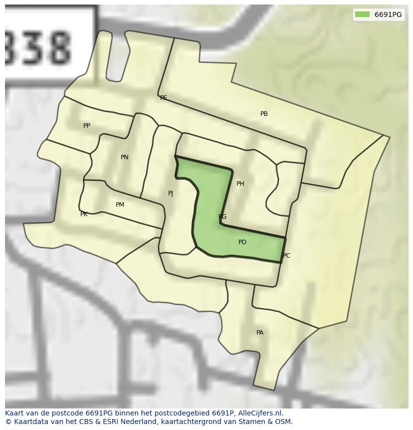 Afbeelding van het postcodegebied 6691 PG op de kaart.