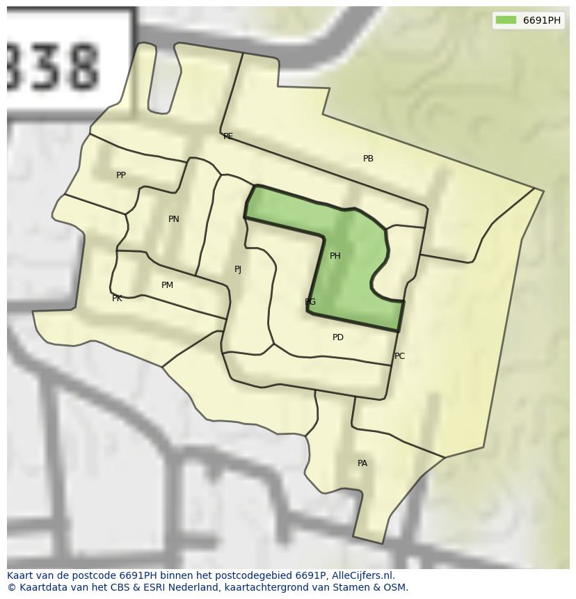 Afbeelding van het postcodegebied 6691 PH op de kaart.