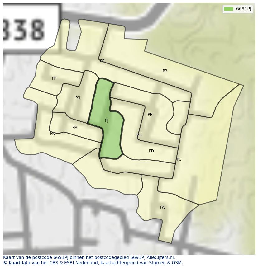 Afbeelding van het postcodegebied 6691 PJ op de kaart.