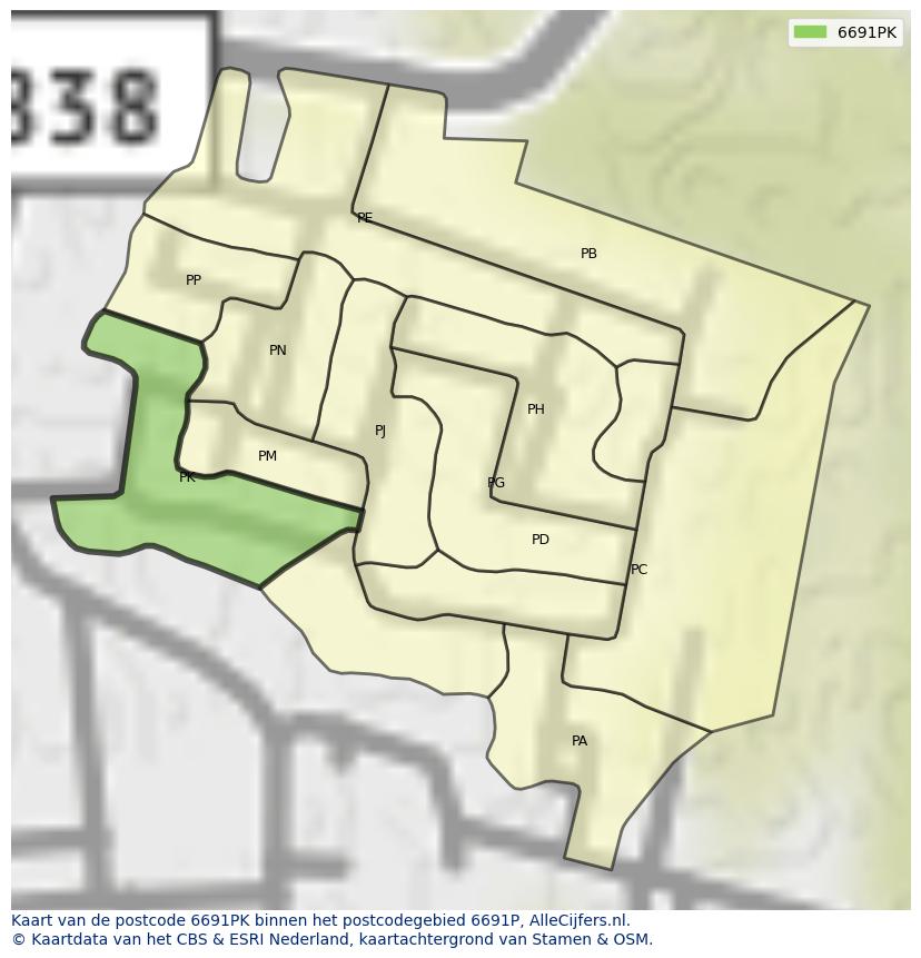 Afbeelding van het postcodegebied 6691 PK op de kaart.