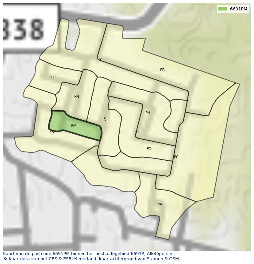 Afbeelding van het postcodegebied 6691 PM op de kaart.