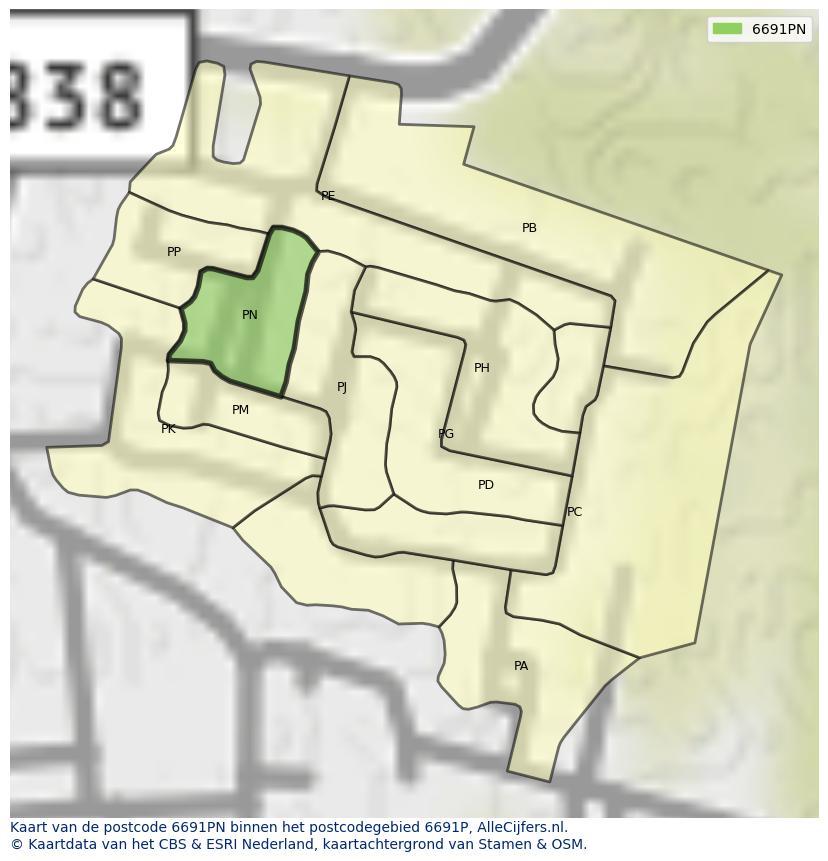 Afbeelding van het postcodegebied 6691 PN op de kaart.