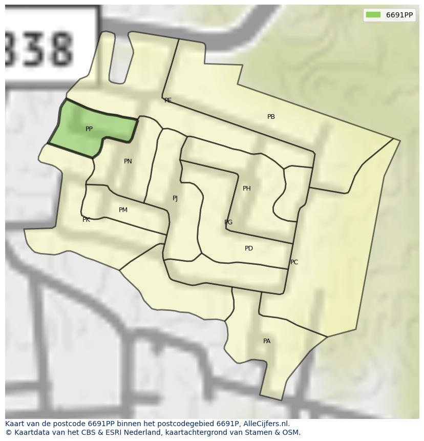 Afbeelding van het postcodegebied 6691 PP op de kaart.