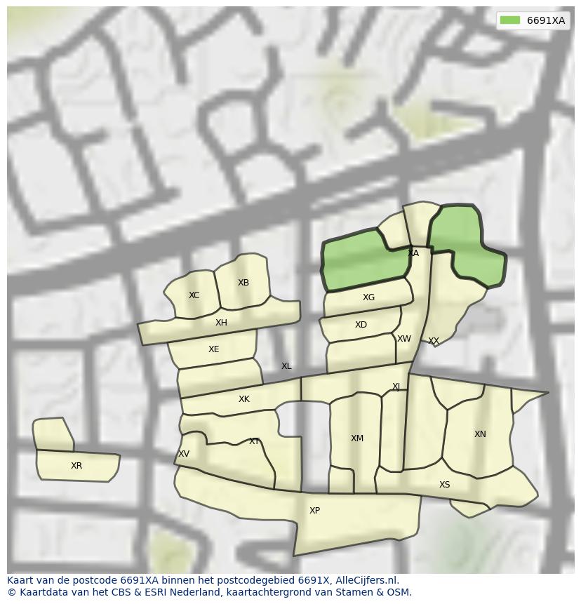 Afbeelding van het postcodegebied 6691 XA op de kaart.