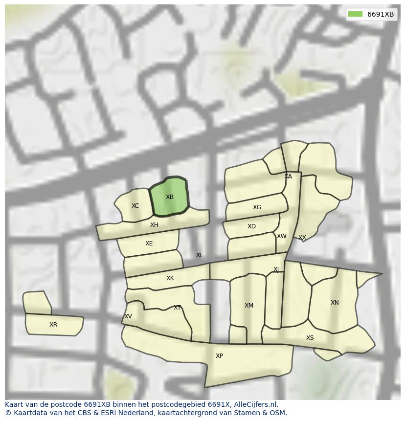 Afbeelding van het postcodegebied 6691 XB op de kaart.