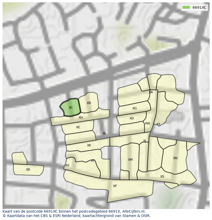 Afbeelding van het postcodegebied 6691 XC op de kaart.