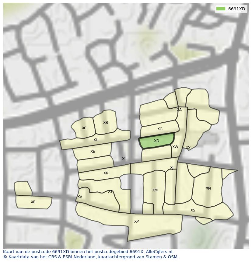 Afbeelding van het postcodegebied 6691 XD op de kaart.