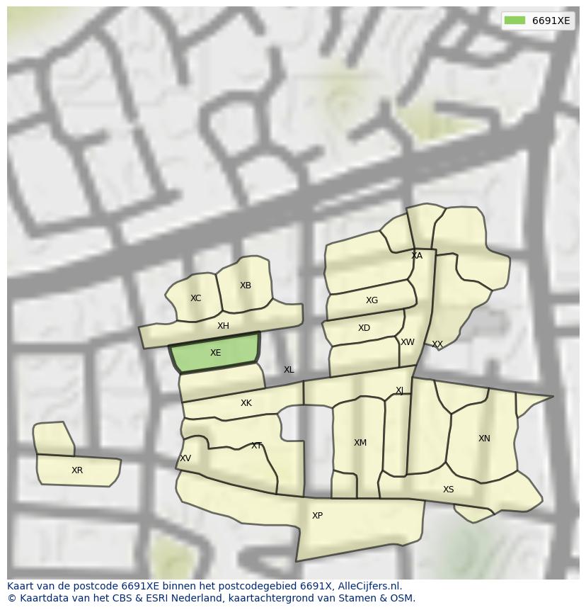 Afbeelding van het postcodegebied 6691 XE op de kaart.