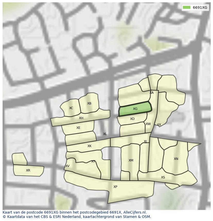 Afbeelding van het postcodegebied 6691 XG op de kaart.