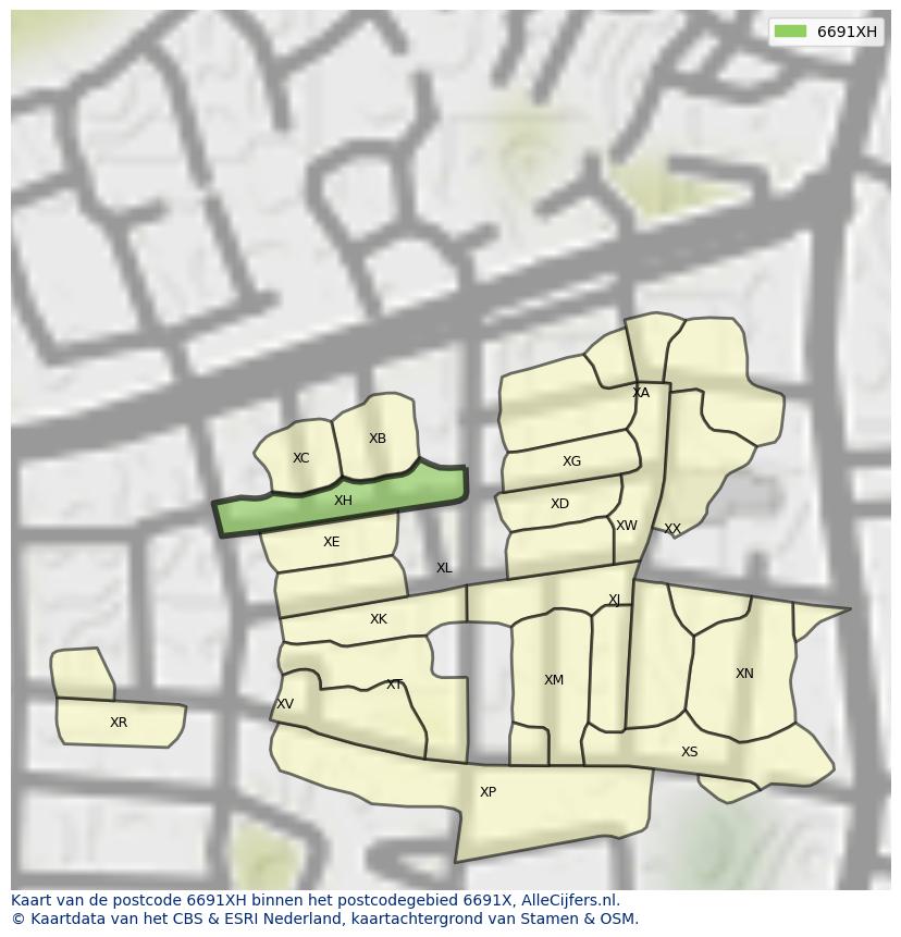 Afbeelding van het postcodegebied 6691 XH op de kaart.