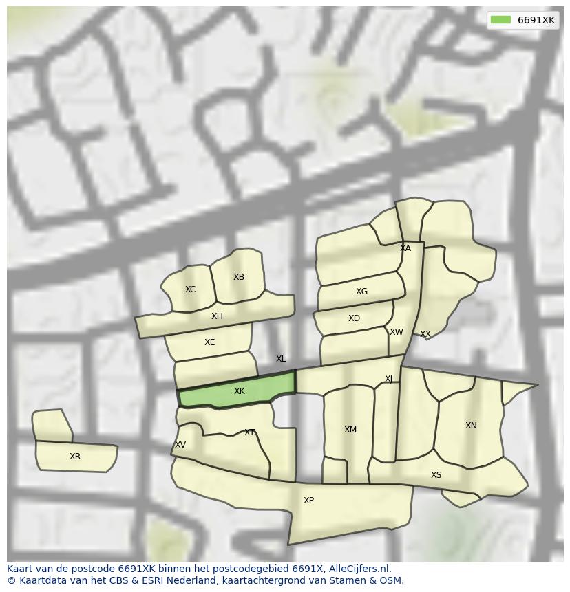 Afbeelding van het postcodegebied 6691 XK op de kaart.