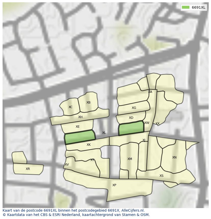 Afbeelding van het postcodegebied 6691 XL op de kaart.