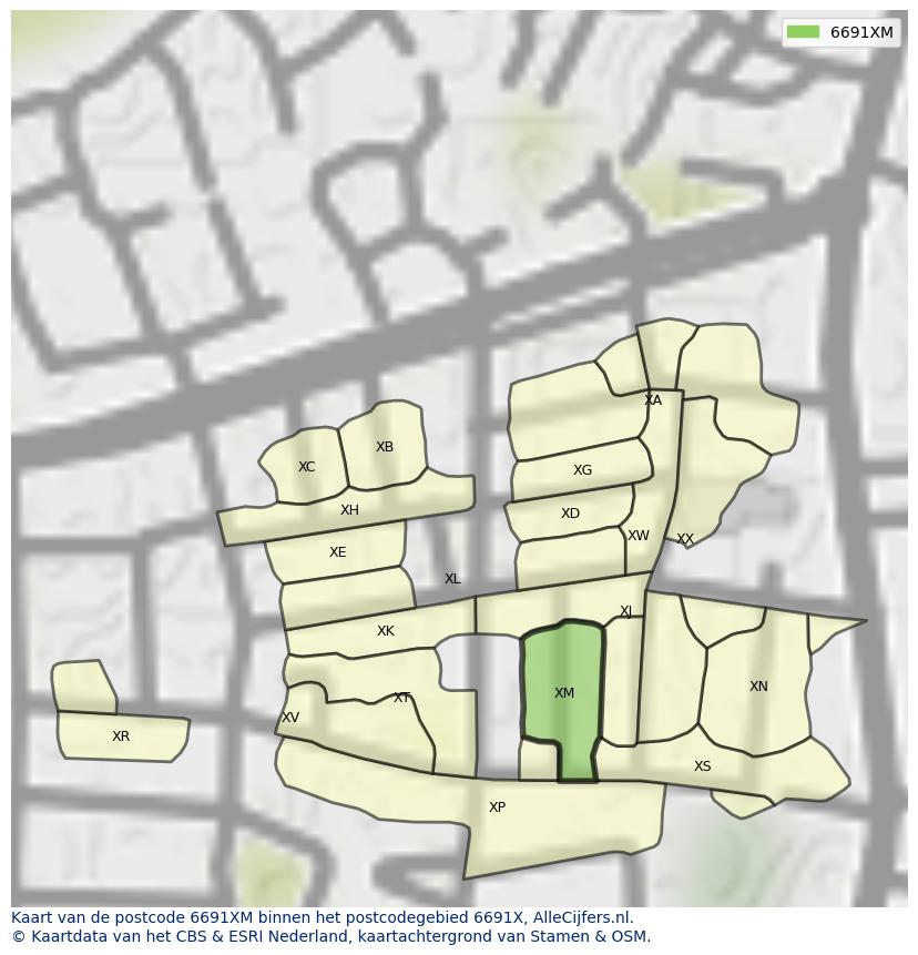 Afbeelding van het postcodegebied 6691 XM op de kaart.