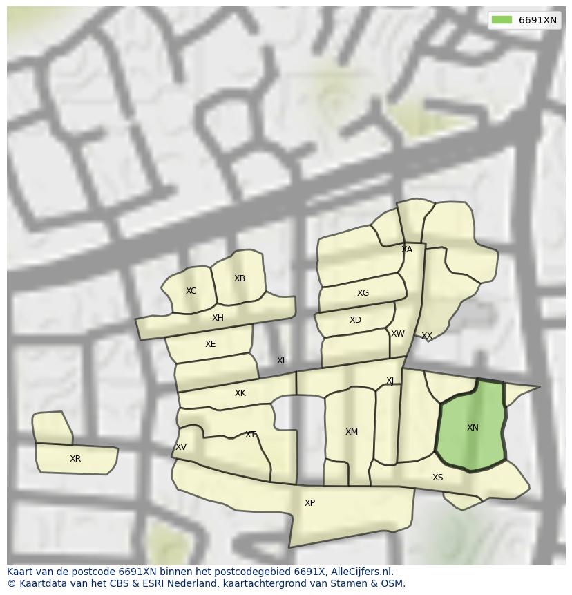 Afbeelding van het postcodegebied 6691 XN op de kaart.