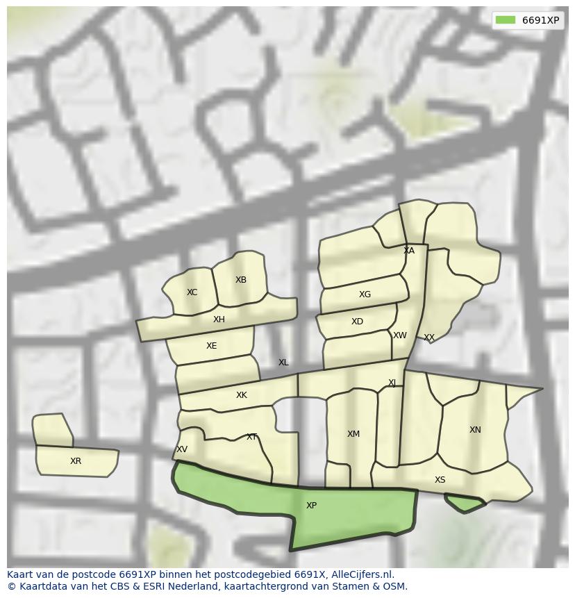 Afbeelding van het postcodegebied 6691 XP op de kaart.