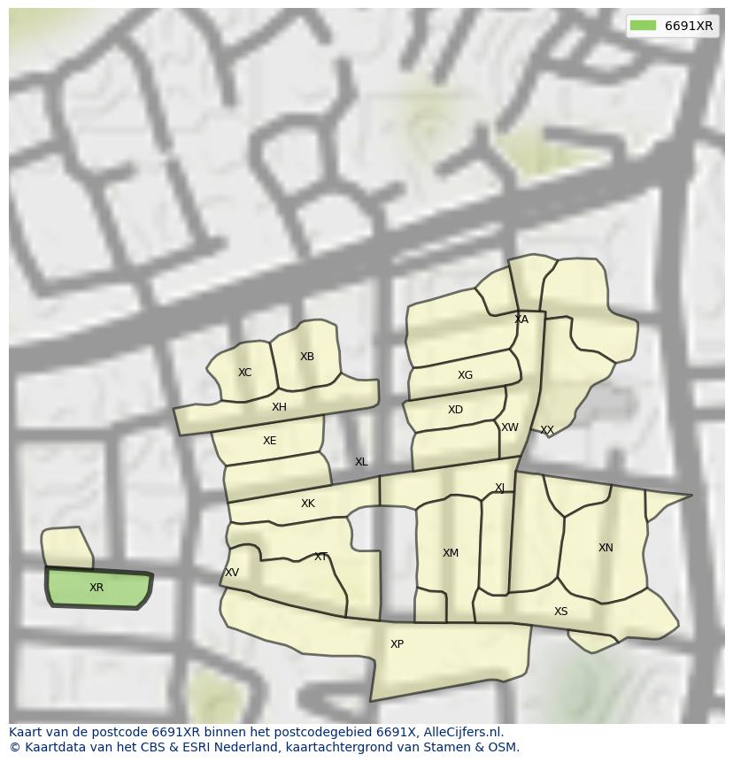 Afbeelding van het postcodegebied 6691 XR op de kaart.