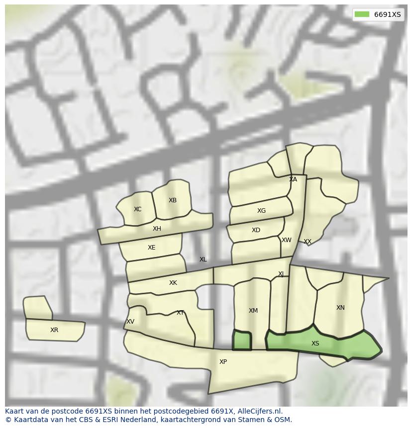 Afbeelding van het postcodegebied 6691 XS op de kaart.