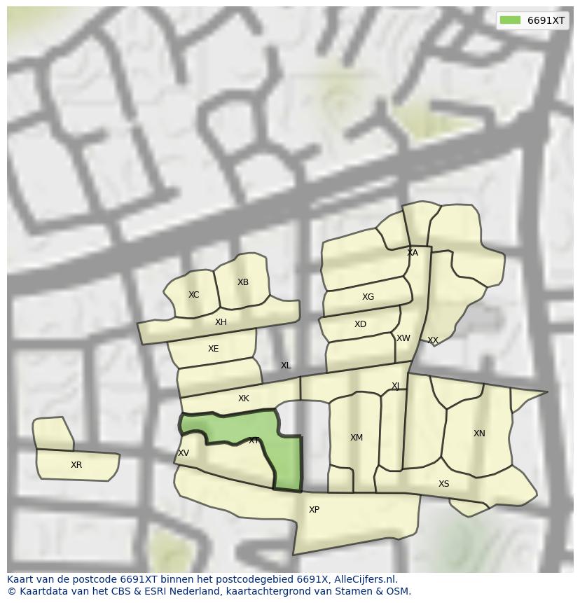 Afbeelding van het postcodegebied 6691 XT op de kaart.