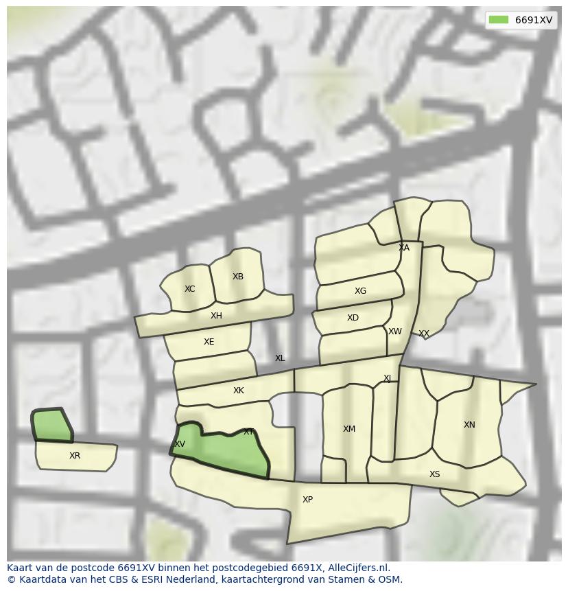 Afbeelding van het postcodegebied 6691 XV op de kaart.