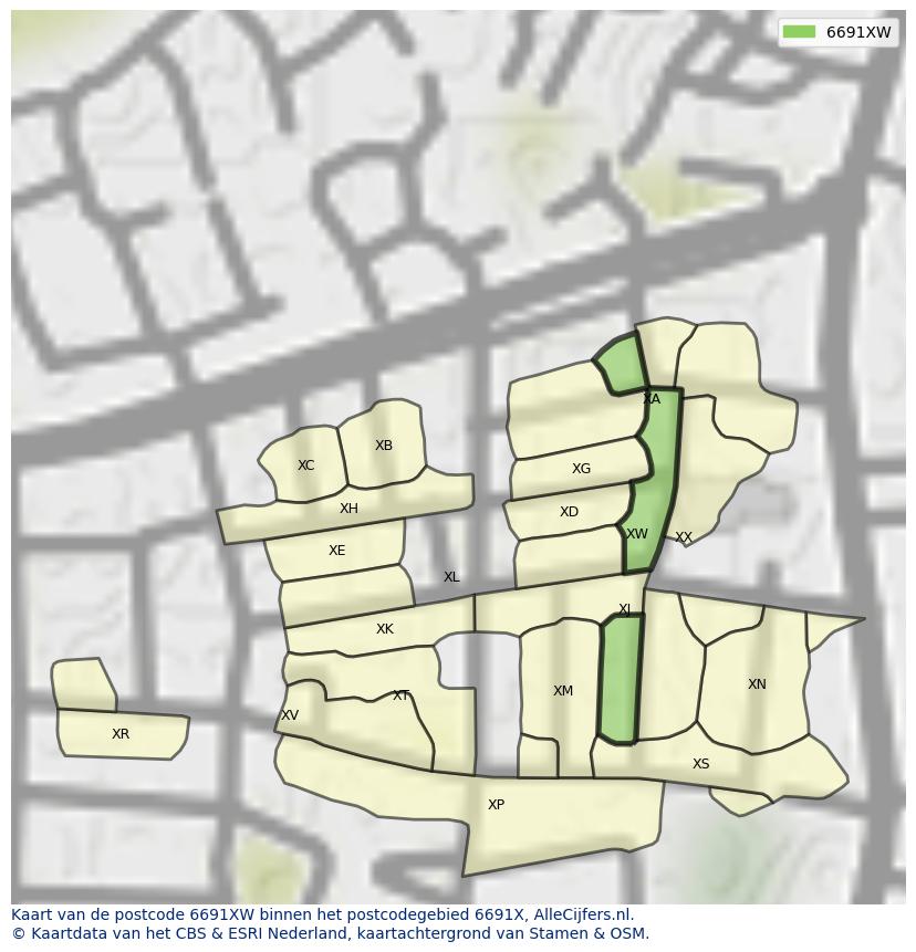 Afbeelding van het postcodegebied 6691 XW op de kaart.
