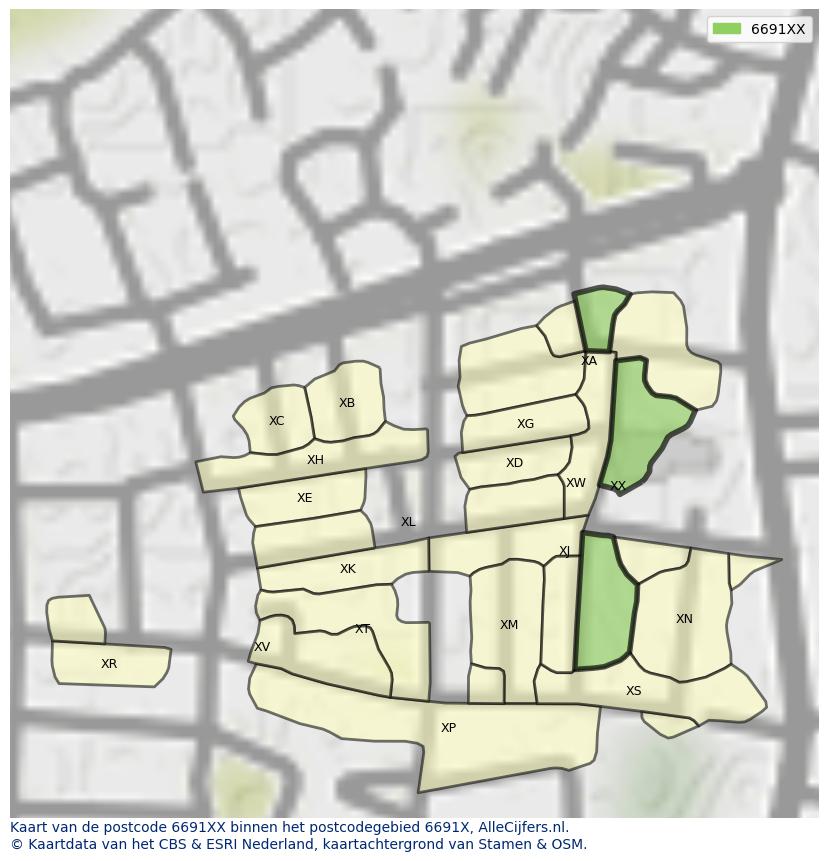 Afbeelding van het postcodegebied 6691 XX op de kaart.