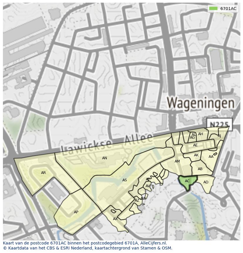Afbeelding van het postcodegebied 6701 AC op de kaart.