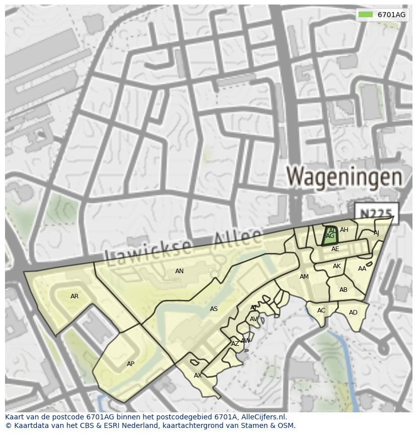 Afbeelding van het postcodegebied 6701 AG op de kaart.