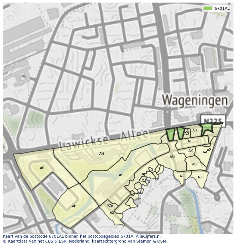 Afbeelding van het postcodegebied 6701 AL op de kaart.