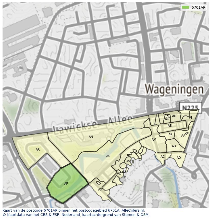 Afbeelding van het postcodegebied 6701 AP op de kaart.
